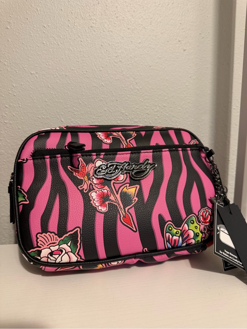 Ed Hardy Pink & Black Zebra Floral Crossbody Pouch